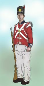 British soldier of 23rd Foot  (Royal Welch Fusiliers). At Waterloo  they fought under Mitchell's 4th Brigade stationed near Hougoumont. With the heavy rain of the night before, the white trousers were said to be stained pink from dye running out of the jacket.  Image (c) Jakebnb (own work). 
